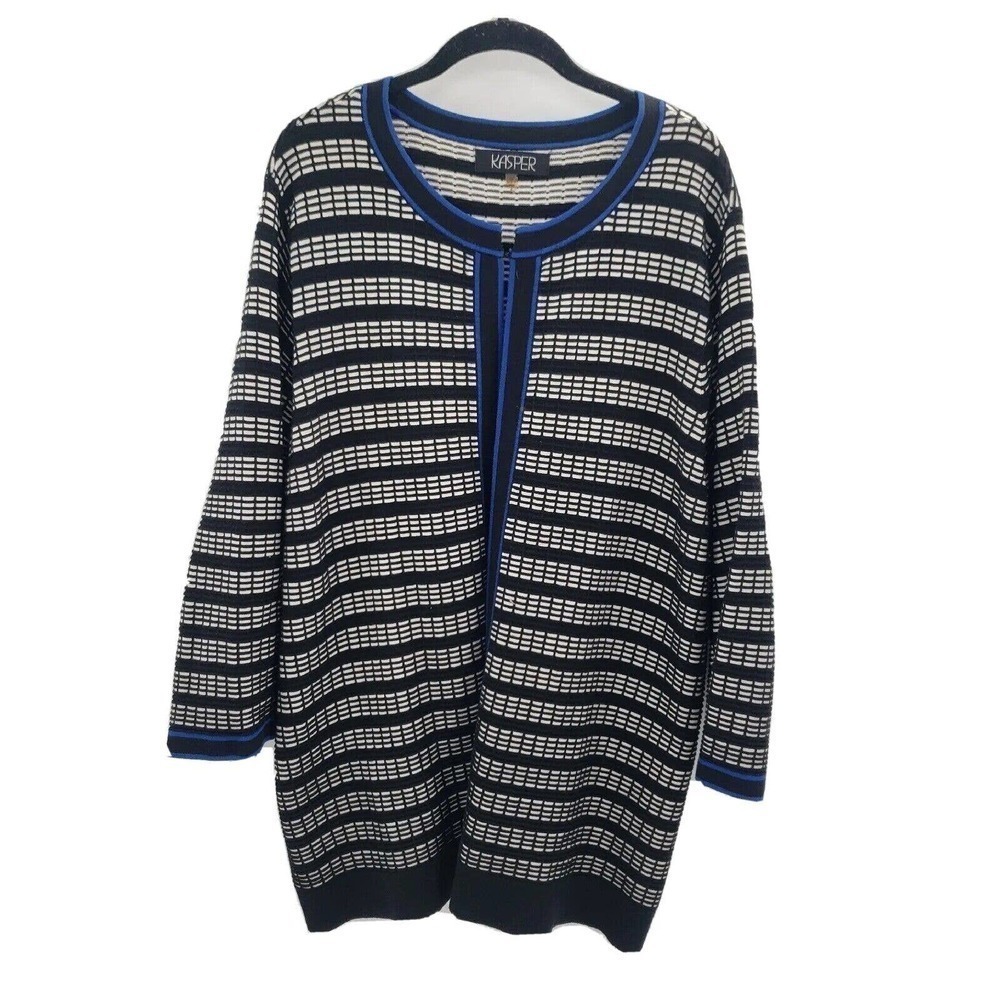 Kasper Geometric Sweater Cardigan Womens Plus Size 3x Black White Blue Flaw